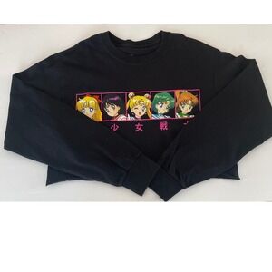 Sailor Moon Graphic Long Sleeve Crop Top Black Anime Inner Senshi Small